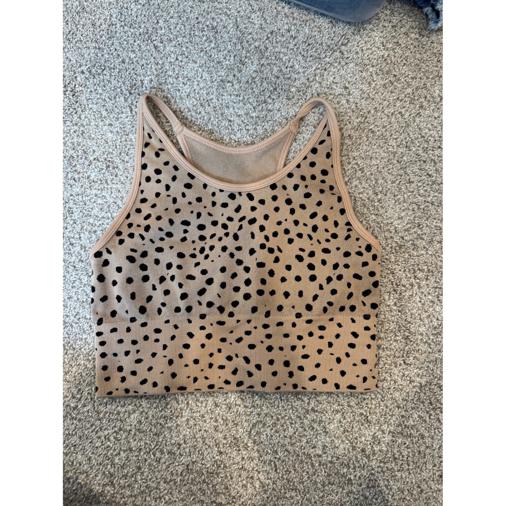Zella Womens Small Dalmatian Print Seamless Ribbed Crop Top Tan Black Racerback